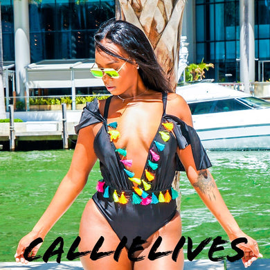 Callie Fiesta: Rainbow Tassel Deep Plunge Swimsuit, Swimwear, CallieLives 