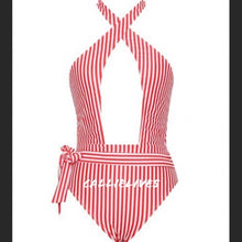 Load image into Gallery viewer, Xena Santa Criss: Red Stripe Cross Halter Swimsuit, Swimwear, CallieLives 
