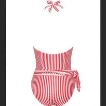 Load image into Gallery viewer, Xena Santa Criss: Red Stripe Cross Halter Swimsuit, Swimwear, CallieLives 
