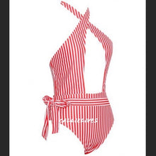 Load image into Gallery viewer, Xena Santa Criss: Red Stripe Cross Halter Swimsuit, Swimwear, CallieLives 
