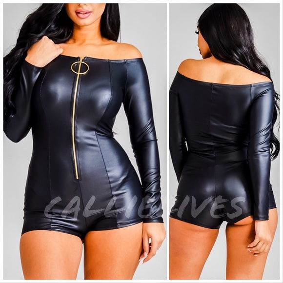 Xena Pull Up: Faux Leather Onesie Shorts Romper, Rompers and Catsuits, CallieLives 