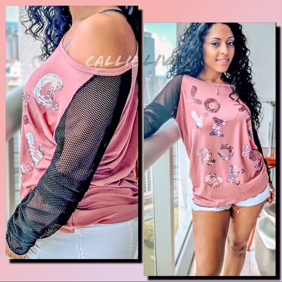 Denny Rose: Blush Sequin Love Net Sleeve T-Shirt M, Tops, CallieLives 