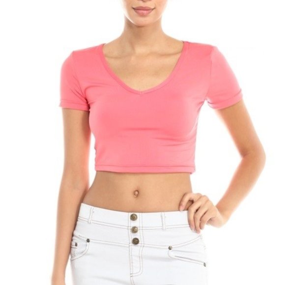Stasia Satiny: Coral Slinky Soft Cropped V-Neck, Tops, CallieLives 