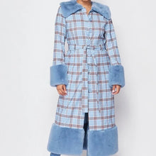 Load image into Gallery viewer, Wholesale 2 or 3 Pack: Callie Berry Blue: Plaid Faux Fur Trim Trench Coats

