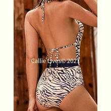 Load image into Gallery viewer, Callie Belted Nude Zebra Plunging Monokini Swimsuit
