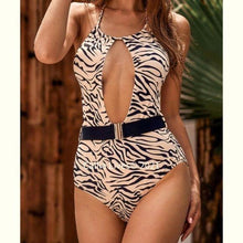 Load image into Gallery viewer, Callie Belted Nude Zebra Plunging Monokini Swimsuit
