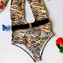 Load image into Gallery viewer, Callie Belted Nude Zebra Plunging Monokini Swimsuit
